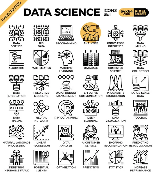 数据科学概念详细的线图标设置在现代线图标样式的 Web 应用程序设计 — 图库矢量图片