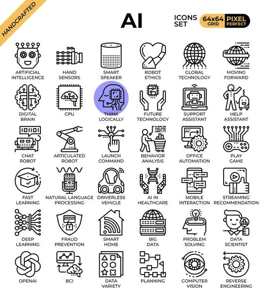 Çağdaş çizgi simgesi tarzı kullanıcı arabirimi, ux, web, mobil uygulaması tasarım için yapay zeka (AI) kavramı Icons set.