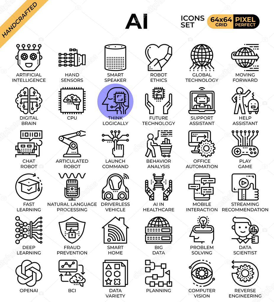 Artificial intelligence (AI) concept icons set in modern line icon style for ui, ux, web, mobile app design, etc.