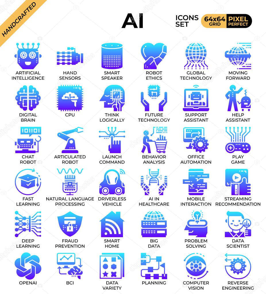 Artificial intelligence (AI) concept icons set in modern line icon style for ui, ux, web, mobile app design, etc.