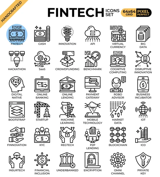 Iconos conceptuales de Fintech (Tecnología Financiera) — Vector de stock