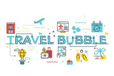 Web afişi, el ilanı, iniş sayfası, sunum, kitap kapağı, makale gibi simgeler içeren seyahat baloncuğu kelime harfleri..