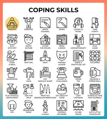 Coping skills concept line icons set in modern style for ui, ux, web, app, brochure, flyer and presentation design, etc. clipart