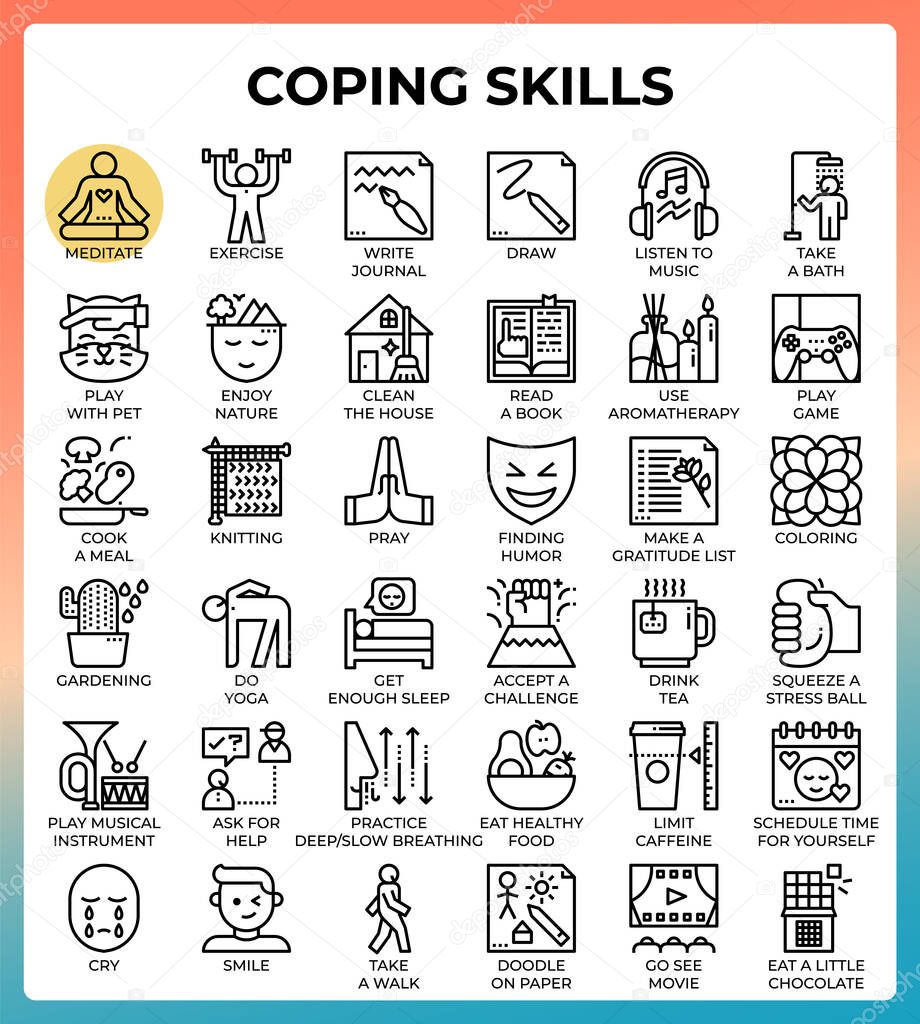 Coping skills concept line icons set in modern style for ui, ux, web, app, brochure, flyer and presentation design, etc.