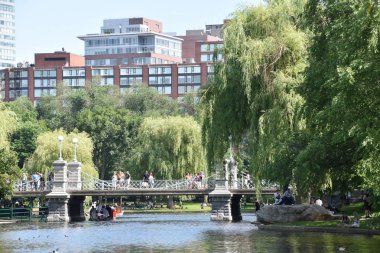 Boston, Ma - Jun 16: Kamu bahçe Boston, Massachusetts, 16 Haziran 2018 üzerinde görüldüğü gibi. Bu parklar zümrüt kolye sisteminin bir parçasıdır ve Amerika'nın ilk genel Botanik Bahçesi.
