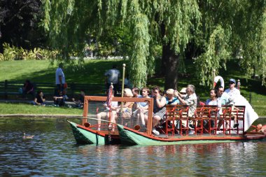 Boston, Ma - Jun 16: Ünlü kuğu tekne Boston, Massachusetts, 16 Haziran 2018 üzerinde görüldüğü gibi kamu Garden. Geri 1877 için tekneler Tarih.