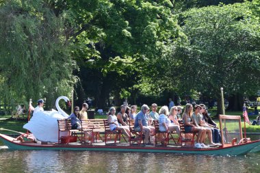 Boston, Ma - Jun 16: Ünlü kuğu tekne Boston, Massachusetts, 16 Haziran 2018 üzerinde görüldüğü gibi kamu Garden. Geri 1877 için tekneler Tarih.