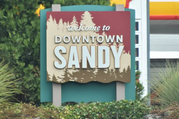 Sandy Aug Welcome Downtown Sandy Sign Oregon Coast See Aug — 스톡 사진