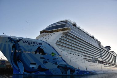 San Diego, California - 24 Ekim: 24 Ekim 2018 üzerinde görüldüğü gibi San Diego, Kaliforniya'da demirledi Norveç Bliss gemisi. 21 Nisan 2018 hizmete girdi ve bir çok düzeyli birleştirmek için ilk cruise gemi tasarımı kapsamında parça yarış.