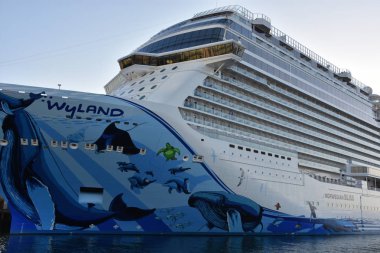 San Diego, California - 24 Ekim: 24 Ekim 2018 üzerinde görüldüğü gibi San Diego, Kaliforniya'da demirledi Norveç Bliss gemisi. 21 Nisan 2018 hizmete girdi ve bir çok düzeyli birleştirmek için ilk cruise gemi tasarımı kapsamında parça yarış.