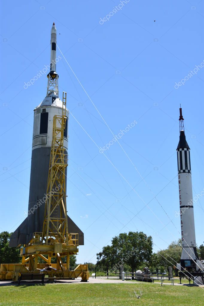 HOUSTON, TX - APR 19: Rocket Park at Space Center in Houston Texas on April 19 2019. Its a science and space learning center, NASA Johnson Space Center official visitor center and a Smithsonian museum.