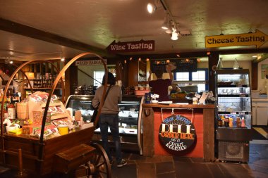 TILLAMOOK, OR - 9 Haziran 2019 'da Tillamook, Oregon' da görülen Mavi Balıkçıl Fransız Peynir Şirketi. Eski moda ekipmanları ve evcil hayvan çiftliği olan büyüleyici bir klasik çiftlik..