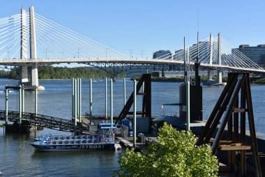 PORTLAND, OREGON - 11 Haziran 2019 'da Portland, Oregon' daki Tilikum Köprüsü 'nde görüldüğü gibi. Willamette Nehri üzerinde kablo destekli bir köprü..