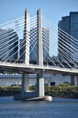 PORTLAND, OREGON - 11 Haziran 2019 'da Portland, Oregon' daki Tilikum Köprüsü 'nde görüldüğü gibi. Willamette Nehri üzerinde kablo destekli bir köprü..