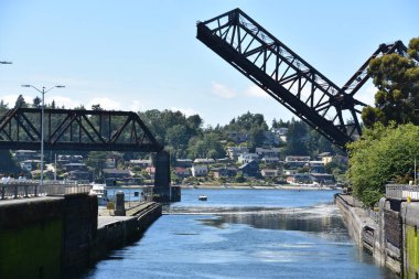 Seattle, Wa - Jul 15: Hiram M. Chittenden Locks (Ballard Locks) Seattle, Washington, 15 Temmuz 2019 tarihinde görüldüğü gibi. Bu Seattle, Washington Gölü Washington Gemi Kanalı, Salmon Bay batı ucunda kilitleri bir komplekstir.