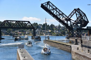 Seattle, Wa - Jul 15: Hiram M. Chittenden Locks (Ballard Locks) Seattle, Washington, 15 Temmuz 2019 tarihinde görüldüğü gibi. Bu Seattle, Washington Gölü Washington Gemi Kanalı, Salmon Bay batı ucunda kilitleri bir komplekstir.