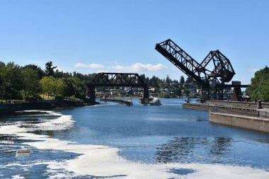 Seattle, Wa - Jul 15: Hiram M. Chittenden Locks (Ballard Locks) Seattle, Washington, 15 Temmuz 2019 tarihinde görüldüğü gibi. Bu Seattle, Washington Gölü Washington Gemi Kanalı, Salmon Bay batı ucunda kilitleri bir komplekstir.