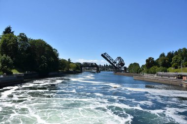 Seattle, Wa - Jul 15: Hiram M. Chittenden Locks (Ballard Locks) Seattle, Washington, 15 Temmuz 2019 tarihinde görüldüğü gibi. Bu Seattle, Washington Gölü Washington Gemi Kanalı, Salmon Bay batı ucunda kilitleri bir komplekstir.