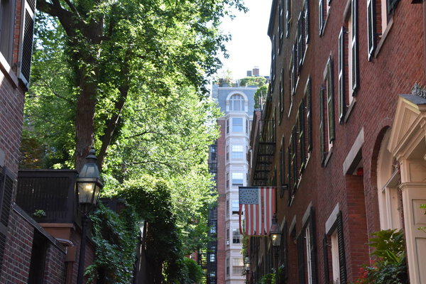 BOSTON, MASSACHUSETTS - JUL 28: Acorn Street in Boston, Massachusetts, as seen on July 28, 2019.