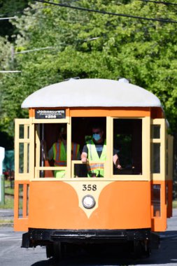 KINGSTON, NY - 23 AUG: Johnstown Çekiş Şirketi Trolley No. 23 Ağustos 2020 'de Kingston, New York' taki Trolley Müzesi 'nde görüldüğü gibi 358..