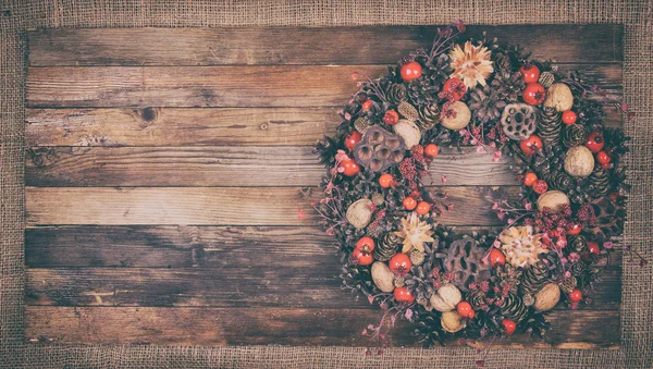 Christmas Wreath Wooden Background — Stock Photo, Image