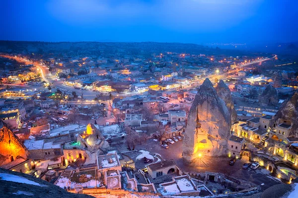 Goreme Vista Nocturna Turquía Desde Arriba Hermoso Paisaje Urbano —  Fotos de Stock