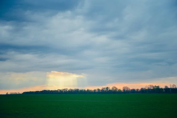 Nuvens de chuva sobre um campo verde — Fotografia de Stock