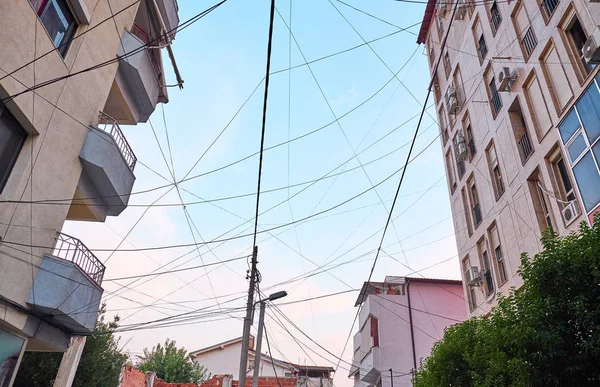 Wires on buildings in a residential area