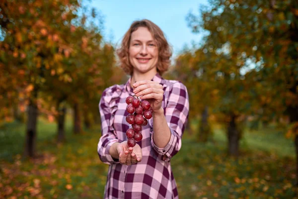 Woman with grapes in the garden — Stock Photo, Image