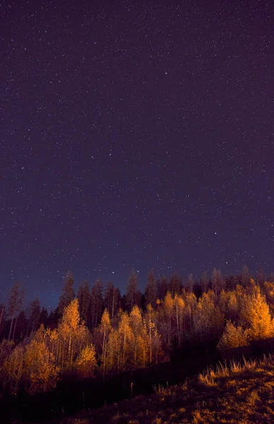 Tájkép éjjel. Égbolt csillagokkal és hegyekkel. — Stock Fotó