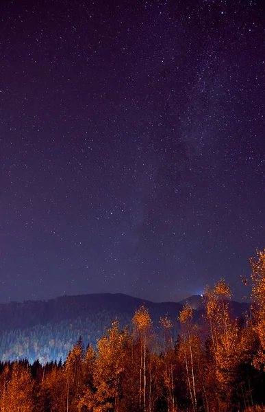 Landschaft bei Nacht. Himmel mit Sternen und Bergen. — Stockfoto