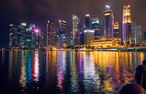 View of the central business district at night in Singapore
