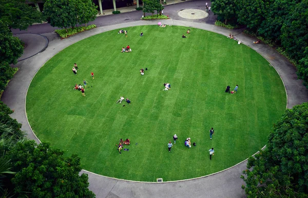 People on the green grass. View from above