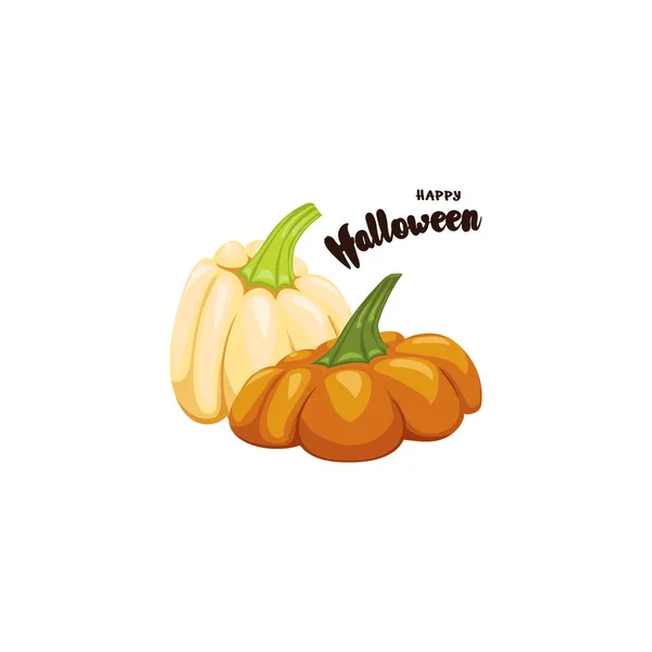 Happy Halloween post kaart ontwerp. Gewoon vector illustratie met cartoon oranje pompoen en belettering van elementen. — Stockvector