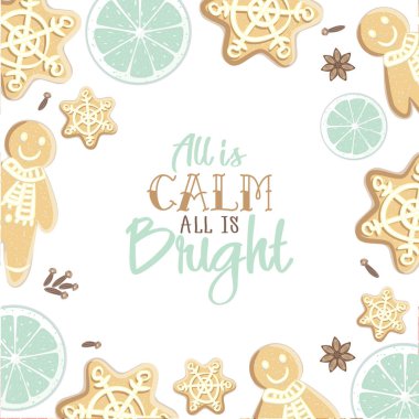 Sakin kadar parlak bir şey. Tatil tebrik kartı gingerbreads, baharat, narenciye slicesand hat öğeleri ile. Modern çizgi film arka plan ile yazı. Xmas dekoratif tasarım şablonu