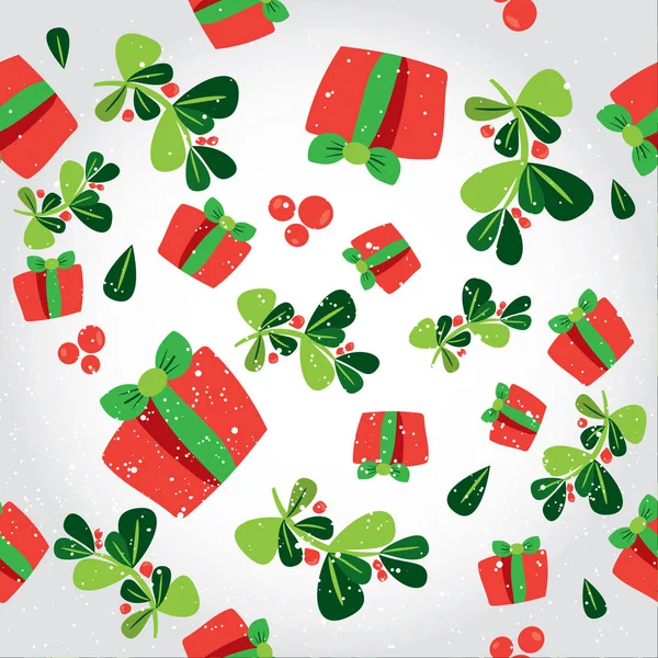 Modèle d'hiver sans couture avec des boîtes-cadeaux rouges et des baies holli. Vecteur plat fond de Noël avec les cadeaux. Carrelage papier peint moderne. Papier d'emballage ou conception de texture de tissu. Joyeux Noël ! — Image vectorielle