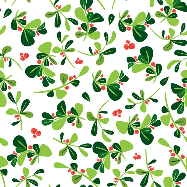 원활한 겨울 꽃 패턴입니다. 평면 벡터 홀리 베리 공장 크리스마스 배경입니다. 녹색 나뭇잎과 붉은 열매에 현대 벽지 타일. 종이 질감 래핑 순 — 스톡 벡터