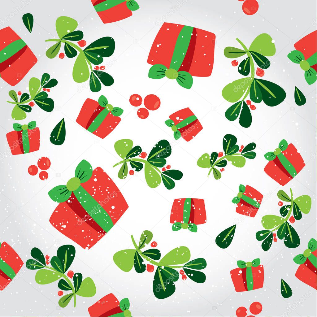 Seamless winter pattern with a red gift boxes and holli berries . Flat vector Christmas background with the presents. Tile modern wallpaper. Wrapping paper or fabric texture design. Merry Christmas!