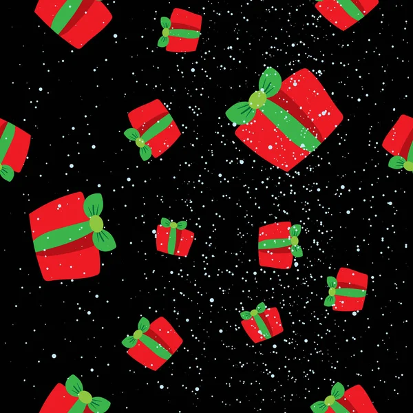 赤いギフト ボックスとシームレスな冬パターン フラット ベクトル プレゼント クリスマス背景 モダンな壁紙を並べて表示します 素朴な紙や布のテクスチャをラッピングします メリークリスマス — ストックベクタ