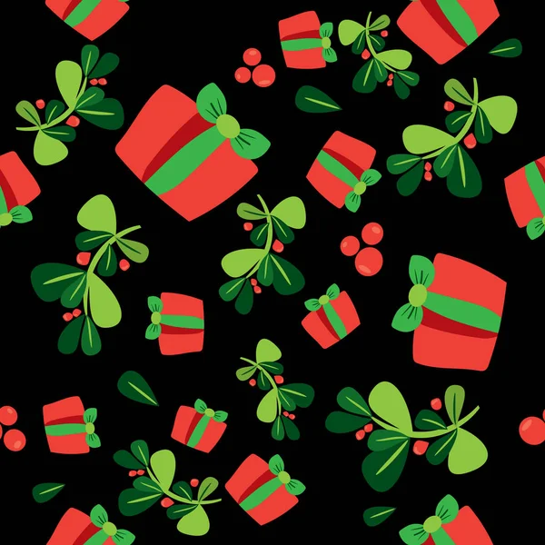 シームレスな冬パターン赤いギフト ボックスとホリの果実 フラット ベクトル プレゼント クリスマス背景 モダンな壁紙を並べて表示します 紙や布のテクスチャ デザインをラッピングします メリークリスマス — ストックベクタ