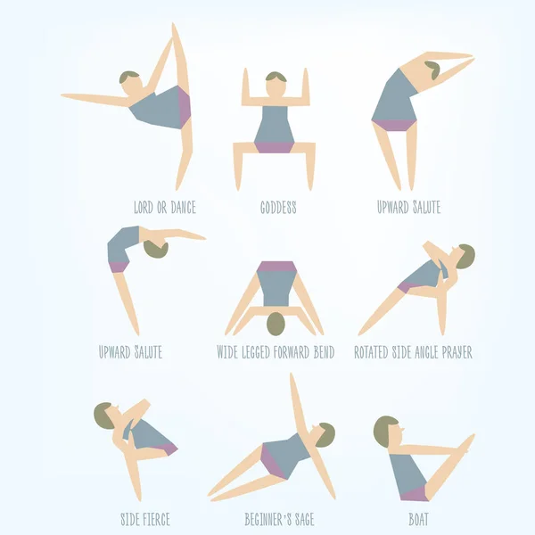 Reihe Isolierter Vektor Yoga Posen Junge Instruktorinnen Machen Stretchübungen Flache Stockvektor