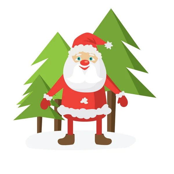 Kreslený Santa Red Hat Zelené Vánoční Stromky Plochá Vektorové Ilustrace — Stockový vektor