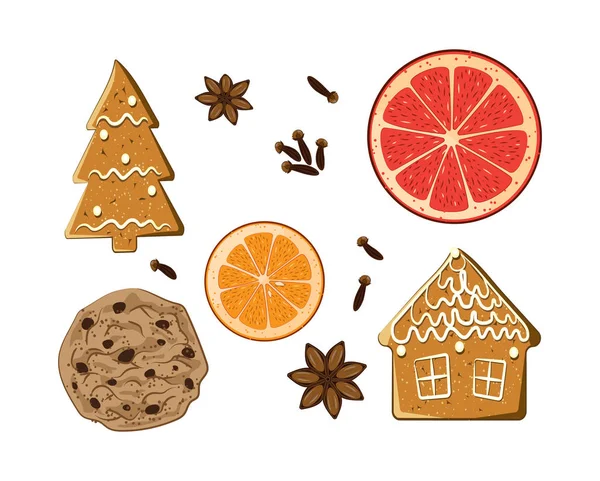 Kerst Vakantie Snoepjes Instellen American Cookie Figuur Peperkoek Grapefruit Anjer — Stockvector