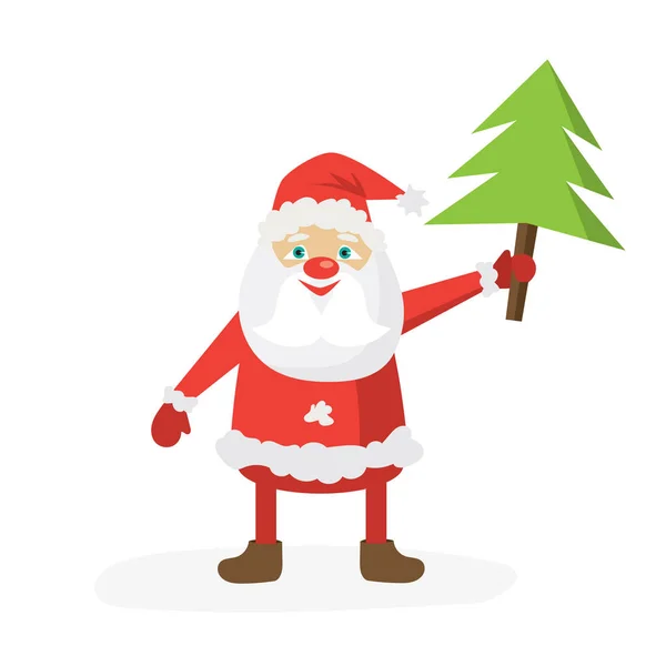 Kreslený Santa Red Hat Drží Vánoční Stromeček Plochá Vektorové Ilustrace — Stockový vektor