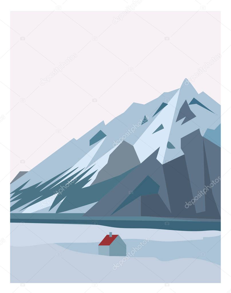Winter north mountain landscape. Simple flat vector illustration. Snow land background with hills mountains and frozen lake. Alaska landscape.