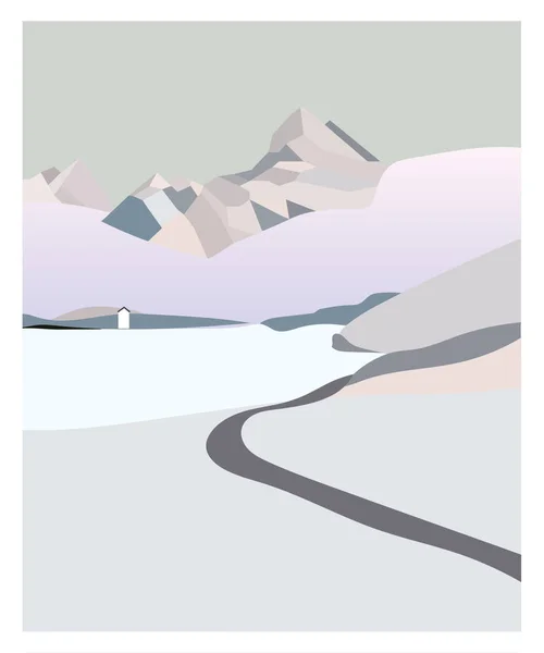 Winter north mountain landscape. Simple flat vector illustration. Snow land background with hills mountains and frozen lake. Alaska landscape.