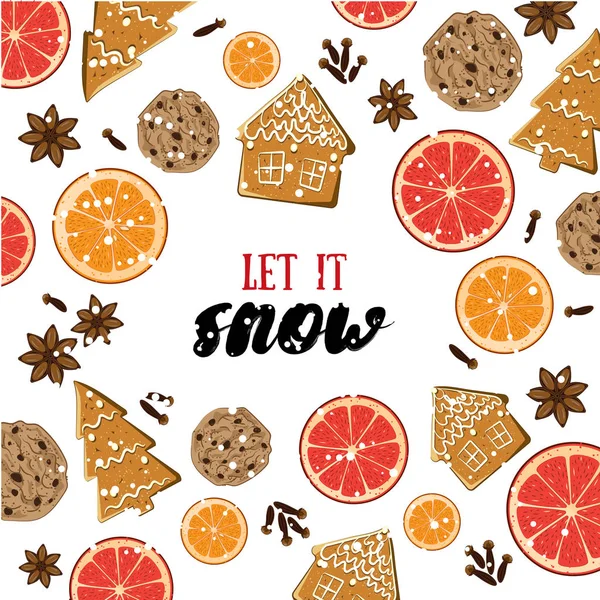 Lasst Schneien Weihnachtsgrußkarte Mit Ingwerkeksen Orangen Und Grapefruitscheiben Gewürzen Und lizenzfreie Stockvektoren