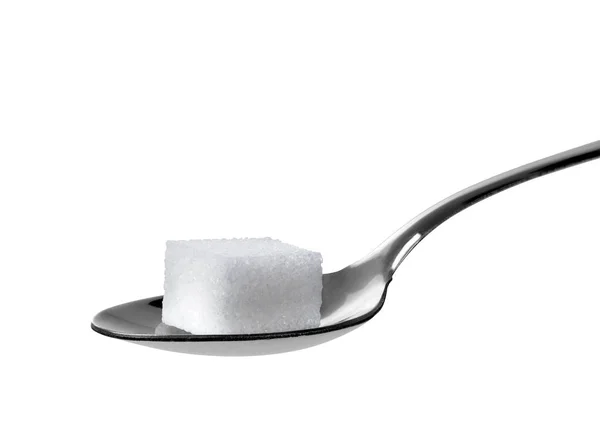Close Cubos Açúcar Uma Colher Fundo Branco — Fotografia de Stock