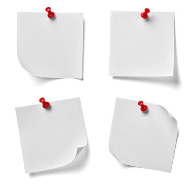 beyaz zemin üzerine kırmızı bir iğneye çeşitli not kağıdına topluluğu. her biri ayrı ayrı vurulur