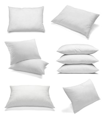 Beyaz arka plan üzerinde çeşitli beyaz yastıklar topluluğu. her biri ayrı ayrı vurulur